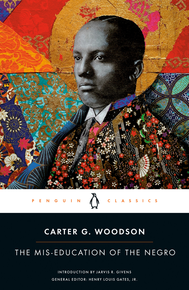 a picture of a young Dr. Carter Woodson, wearing a brightly colored sport coat, with bright colors of red, orange, and blue behind him in patterns
