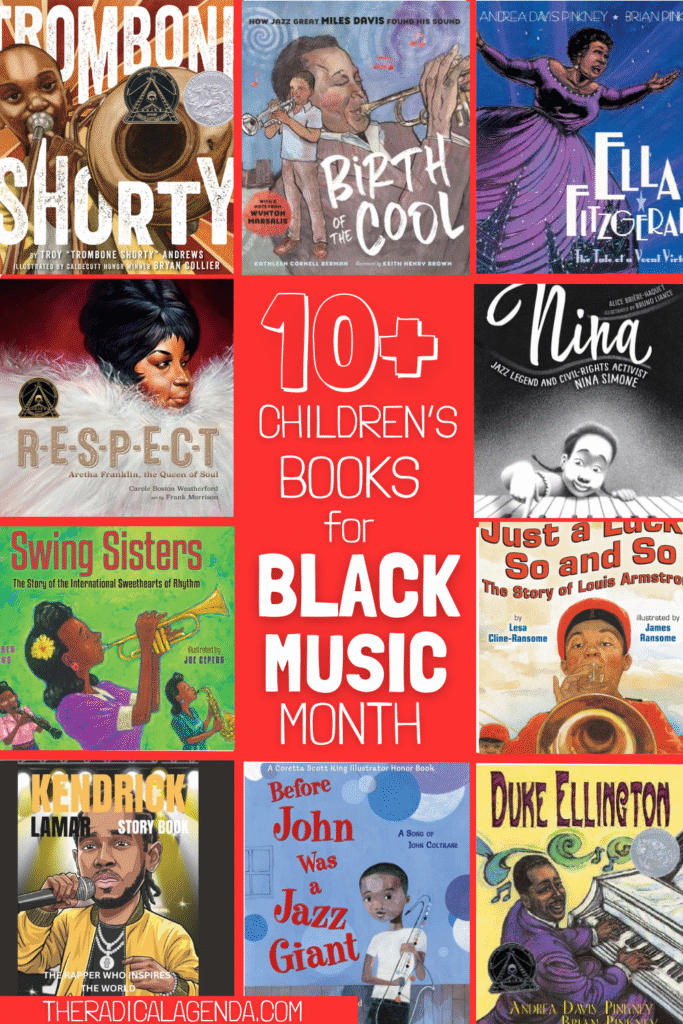ten colorful books, each featuring a Black musician like Louis Armstrong, Ella Fitzgerald, and Kendrick Lamar, surround a pin title that states "10+ children's books for Black Music Month"