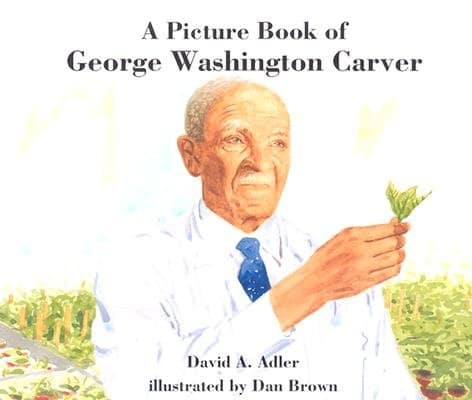 an illustration of an elderly George Washington Carver, wearing a white shirt and blue tie, holding up a small plant
