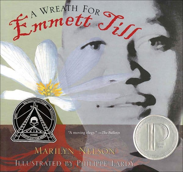A black and white photo of Emmett Till is superimposed against a green backround. A painting of a daisy spreads out across the cover. 