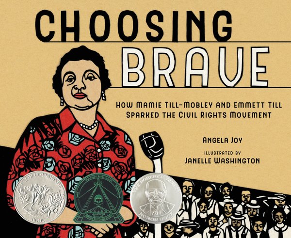 An illustrated Mamie Till-Mobley stands in front of a crowd, addresing them with a microphone. She is wearing a bright red dress with a floral pattern. 