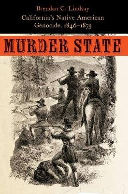 the cover of the book is a pencil sketch of a bunch of American militia men with their guns pointed at a Native settlement. The title above reads "California's Native American Genocide, 1846-1873"