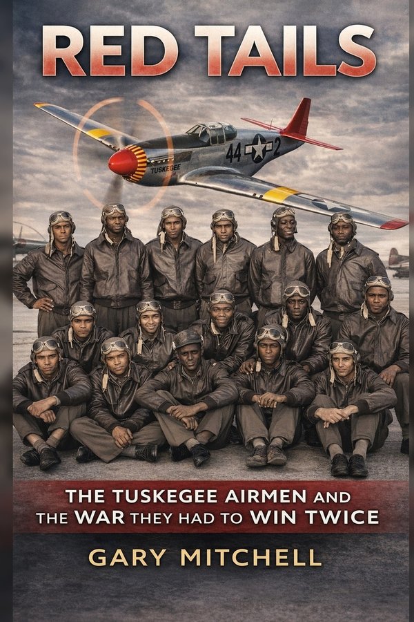 The book cover shows a group of Tuskegee Airmen posing together for a photo, while one of the airplanes they flew hovers overhead