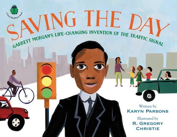 an illustration of Garrett Morgan holding a stoplight