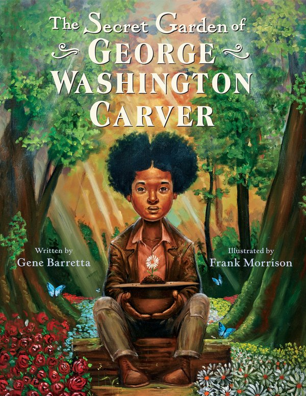 an illustration of George Washington Carver sitting in a forest, holding a daisy
