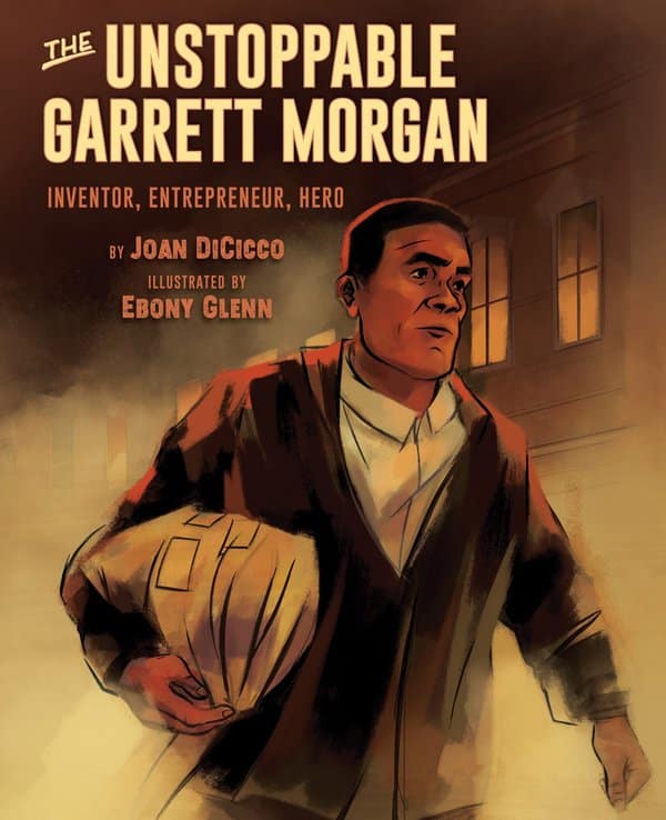 an illustration of Garrett Morgan, holding his gas mask invention and running towards a building on fire