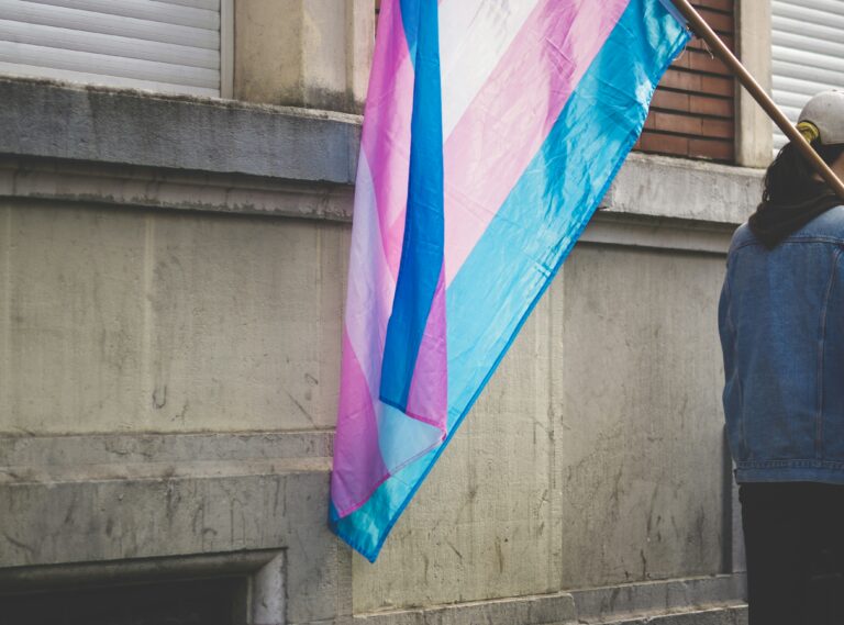 a person with long dark hair carries a large trans flag against their shoulder
