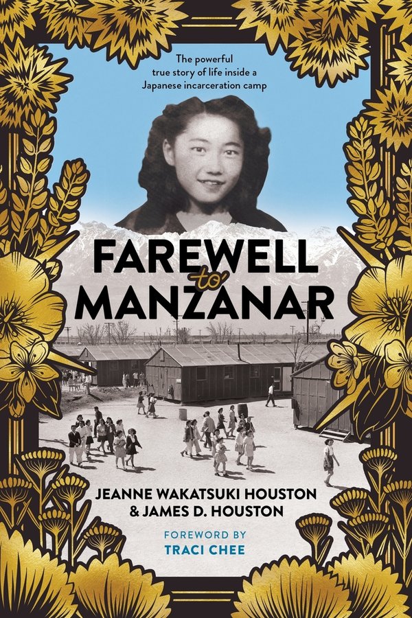 a picture of a young Jeanne Wakatsuki Houston, author of Farewell to Manzanar, is above a black and white photo of people in Manzanar, a Japanese internment camp