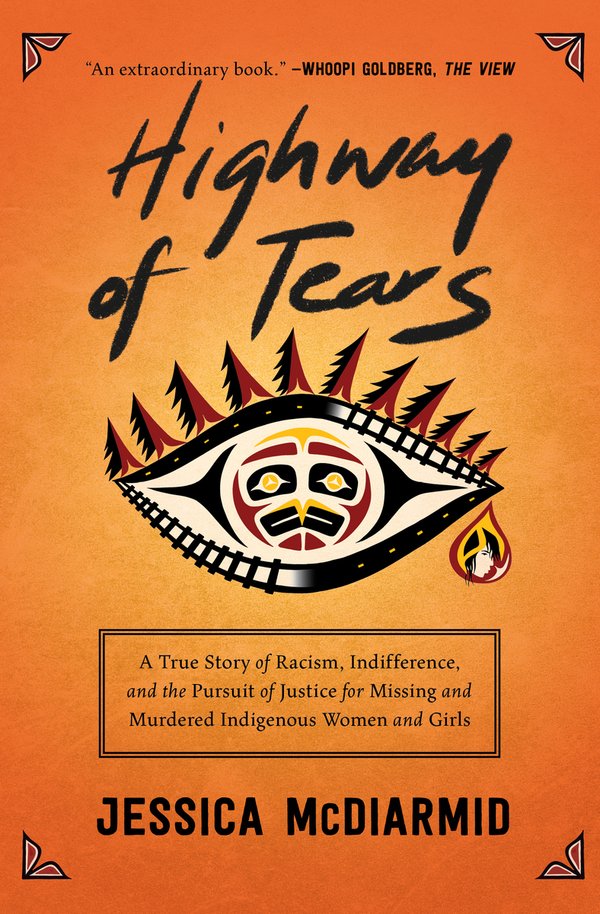 the cover of the book is a drawing of an eye using railroad tracks to outline the eye, pine trees as eyelashes, and Indigenous artwork as the pupil.