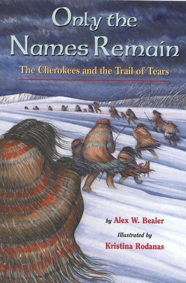 an illustration of a trail of Cherokee people, wrapped in blankets, walk in a long line across the snow