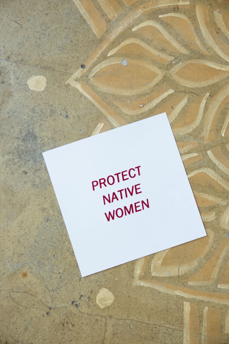 a piece of white paper with red letters says "protect Native women"