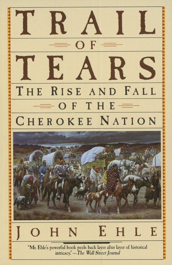 an illustration of hundreds of Native Americans on horseback and in covered wagons on the Trail of Tears