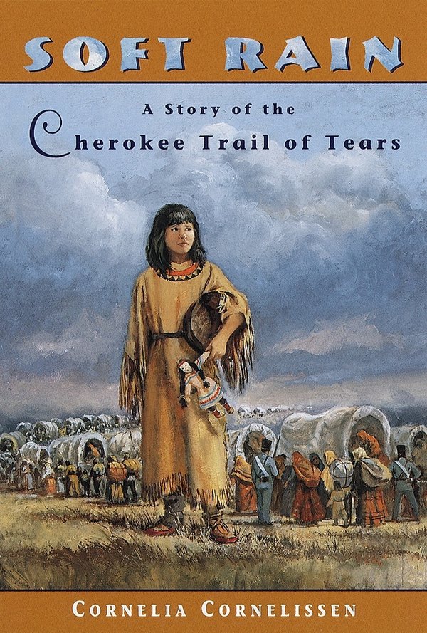 a young Cherokee girl holds a doll. in the background are hundreds of Cherokee in covered wagons