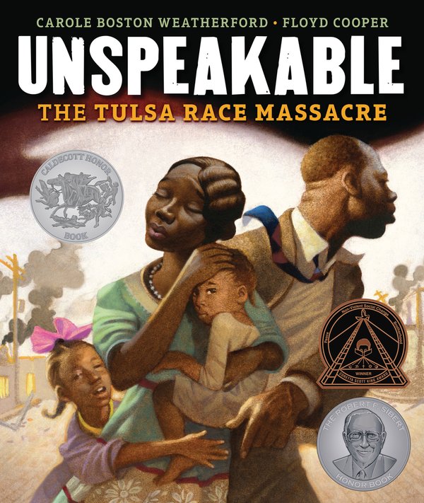 The cover of the book shows an illustration of a Black family fleeing the Tulsa Race Massacre, the city behind them going up in smoke