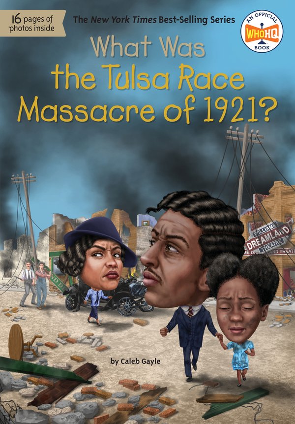 a Black family dressed in fancy clothes is walking through wreckage and smoke after the Tulsa Race Massacre